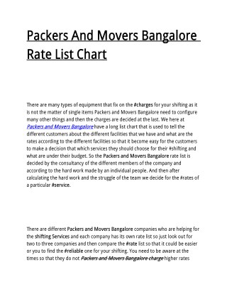 Packers And Movers Bangalore Rate List Chart