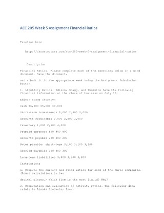 ACC 205 Week 5 Assignment Financial Ratios