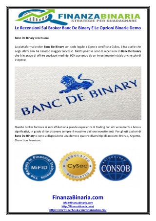 Le Recensioni Sul Broker Banc De Binary E Le Opzioni Binarie Demo