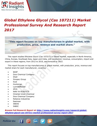 Global Ethylene Glycol (Cas 107211) Market Professional Survey And Research Report 2017