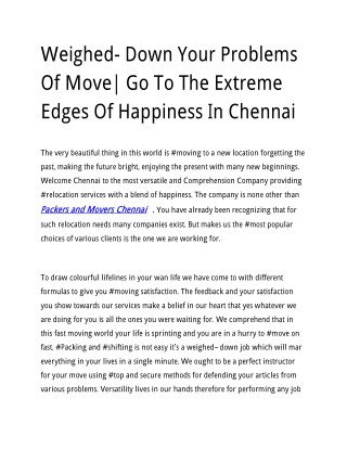 Weighed- Down Your Problems Of Move| Go To The Extreme Edges Of Happiness In Chennai