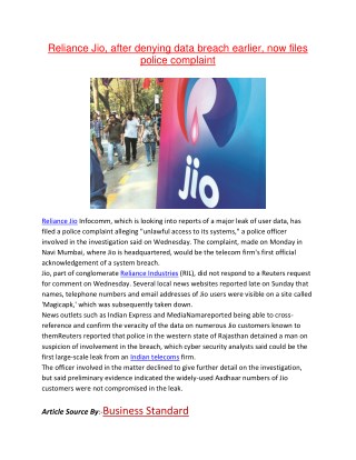 Reliance Jio, after denying data breach earlier, now files police complaint