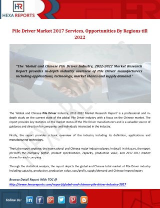 Pile Driver Market 2017 Services, Opportunities By Regions till 2022