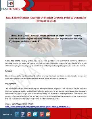 Real estate Market Analysis Of Market Growth, Price & Dynamics Forecast To 2021