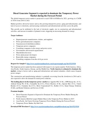 Diesel Generator Segment is expected to dominate the “Temporary Power Market” during the Forecast Period