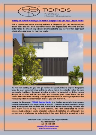 Hiring an Award Winning Architect in Singapore to Get Your Dream Home