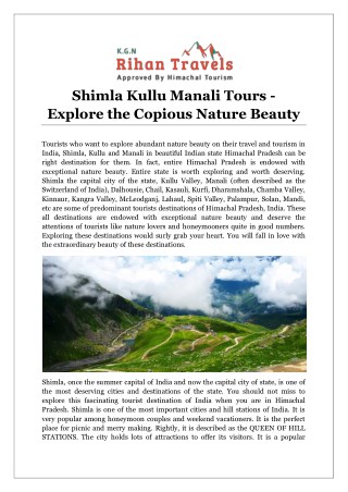 Shimla Kullu Manali Tours - Explore the Copious Nature Beauty