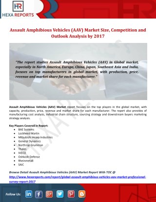 Assault Amphibious Vehicles (AAV) Market Size, Competition and Outlook Analysis by 2017