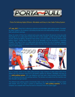 Porta-Pull offering Highly Efficient, Affordable and Easy to Use Cable Pulling System