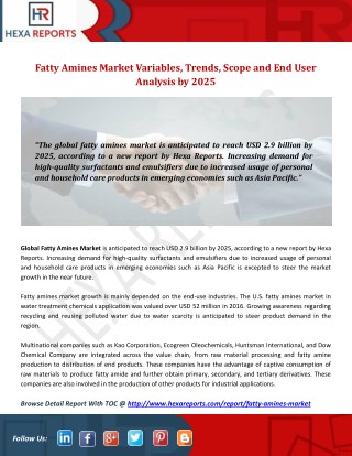 Fatty Amines Market Variables, Trends, Scope and End User Analysis by 2025