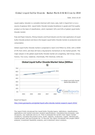 Global Liquid Sulfur Dioxide Market Worth $ 62 Million by 2018