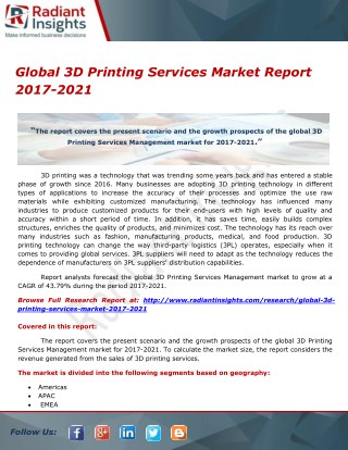 Global 3D Printing Services Market Report 2017-2021