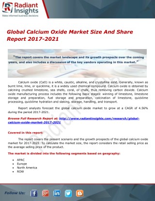 Global Calcium Oxide Market Size And Share Report 2017-2021