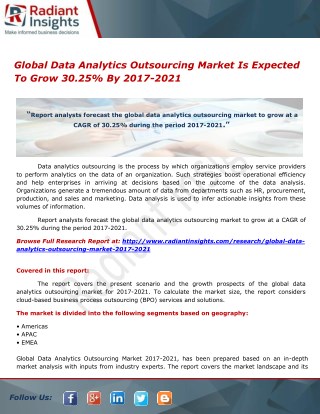 Global Data Analytics Outsourcing Market Is Expected To Grow 30.25% By 2017-2021