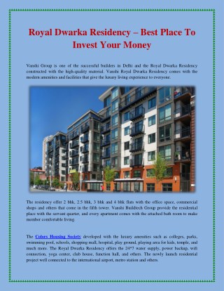 Royal Dwarka Residency – Best Place To Invest Your Money