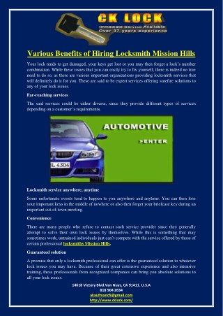 Various Benefits of Hiring Locksmith Mission Hills