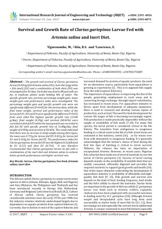 IRJET:Survival and Growth Rate of Clarias gariepinus Larvae Fed with Artemia salina and Inert Diet