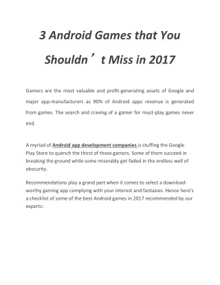 3 Android Games that You Shouldn’t Miss in 2017
