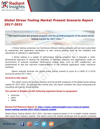 Global Stress Testing Market Report To Grow At A CAGR Of 11.87% To 2017-2021