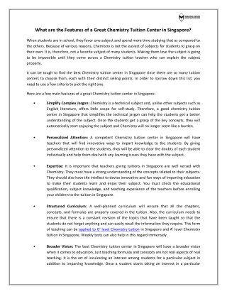 What are the Features of a Great Chemistry Tuition Center in Singapore?