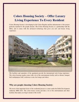 Colors Housing Society – Offer Luxury Living Experience To Every Resident