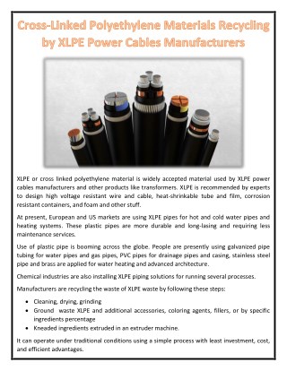 Cross-Linked Polyethylene Materials Recycling by XLPE Power Cables Manufacturers