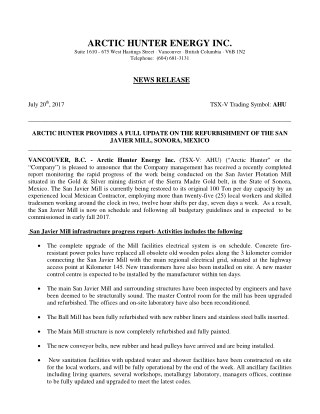 Arctic Hunter Energy Inc. (TSX-V: AHU) NEWS RELEASE on July 20th, 2017