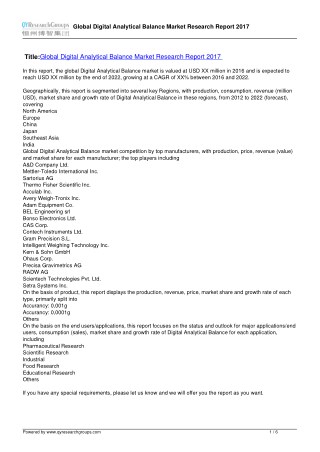 Digital Analytical Balance Market 2017: Production, Sales, Supply, Demand, Analysis & Forecast to 2022