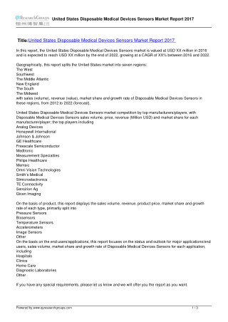 Disposable Medical Devices Sensors Market Segment And Manufacturers Analysis By Region, Type And Applications