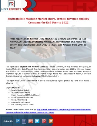 Soybean Milk Machine Market Share, Trends, Revenue and Key Consumer by End User to 2022