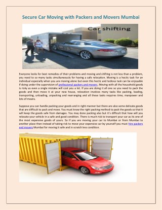 Secure Car Moving with Packers and Movers Mumbai