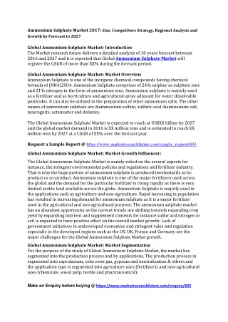 Ammonium Sulphate Market 2017 – Challenges, Key Vendors, Drivers and Trends by Forecast 2027