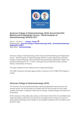 American college of gastroenterology (ACG) Annual Scientific Meeting and Postgraduate Course - World Congress of Gastroe
