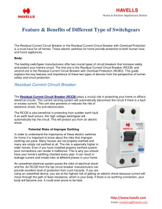 Feature & Benefits Of Different Type Of Switchgears