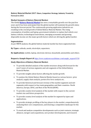 Battery Material Market 2017: Regional Analysis, Key Players, Segments, Development and Opportunities by Forecast to 202