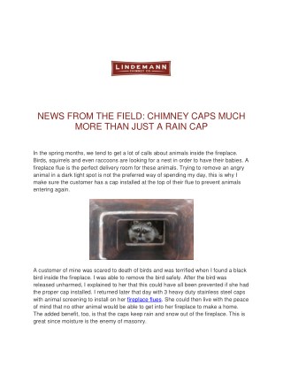 NEWS FROM THE FIELD: CHIMNEY CAPS MUCH MORE THAN JUST A RAIN CAP
