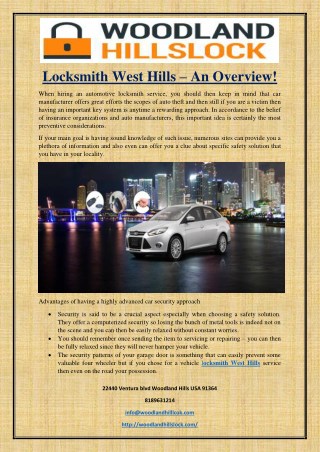 Locksmith West Hills – An Overview!