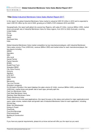 Industrial Membrane Valve Market Anticipated For Progressive CAGR Growth During 2017-2022