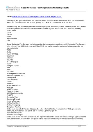 Mechanical Fire Dampers Market 2017 - Opportunity Assessment, Analysis, Size, Share And Forecast Report To 2022
