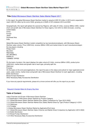 Microwave Steam Sterilizer Market - Size, R&D Status And Technology Source, Trend And Forecast To 2022