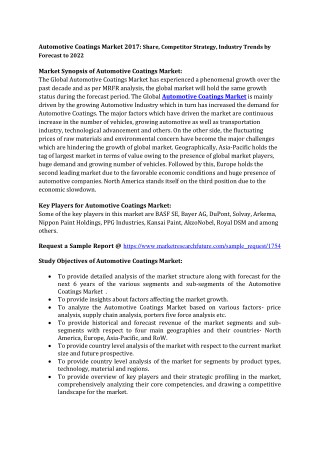 Automotive Coatings Market 2017: Trends, Key Vendors Analysis, Import & Export, Revenue by Forecast 2022