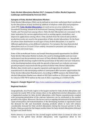 Fatty Alcohol Alkoxylates Market 2017: Analysis, Segments, Key Players, Drivers, Trends, and Forecast 2023