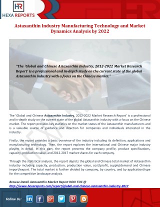 Astaxanthin Industry Manufacturing Technology and Market Dynamics Analysis by 2022