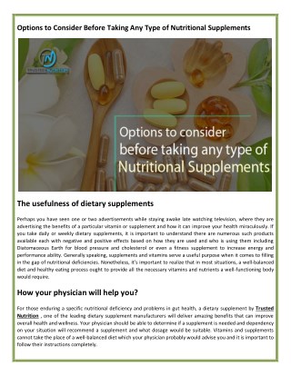 Options to Consider Before Taking Any Type of Nutritional Supplements