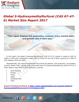 Global 5-Hydroxymethylfurfural (CAS 67-47-0) Market Size Report 2017