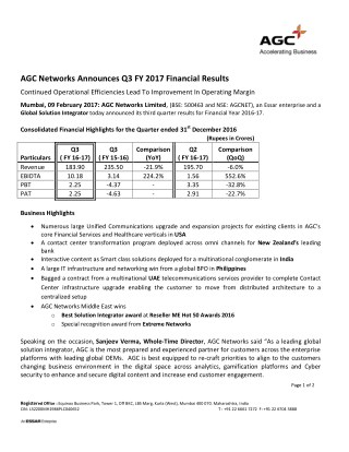 AGC Networks Announces Q3 FY 2017 Financial Results