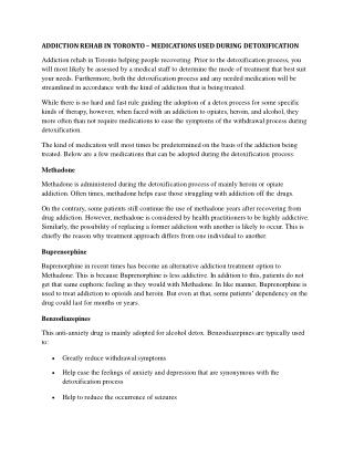 ADDICTION REHAB IN TORONTO – MEDICATIONS USED DURING DETOXIFICATION