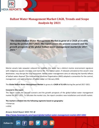 Ballast Water Management Market CAGR, Trends and Scope Analysis by 2021