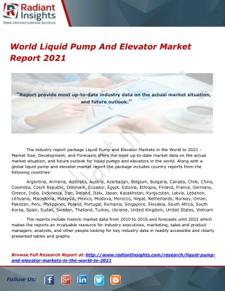 World Liquid Pump And Elevator Market Report 2021