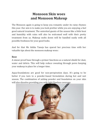Monsoon Skin Care Tips by Bharti Taneja's ALPS